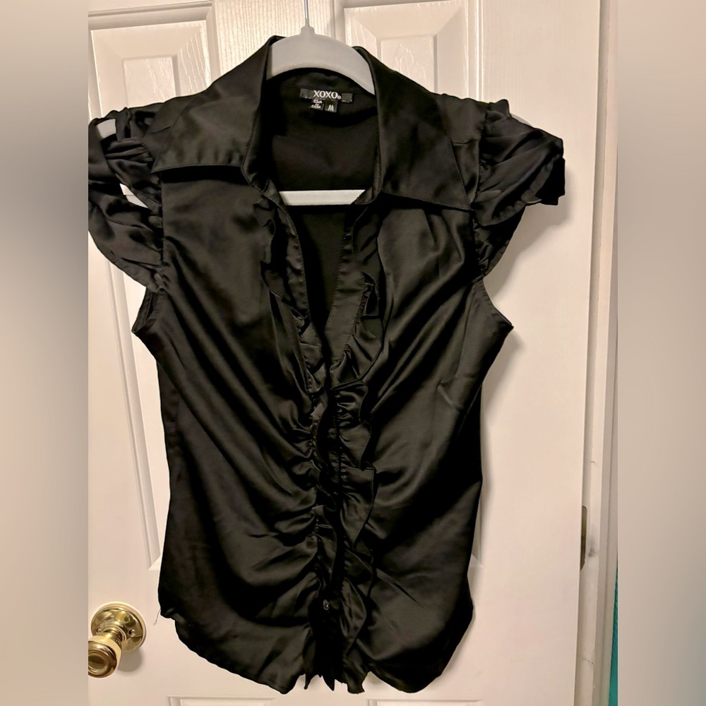 Silky Black Top With Cut Out Sleeves and Minimal Front Ruffle